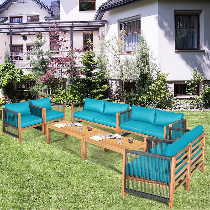 Costway 8 Pieces Wood Patio Furniture Set with Rope Armrest in Turquoise