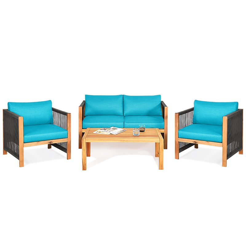 Costway 8 Pieces Wood Patio Furniture Set with Rope Armrest in Turquoise
