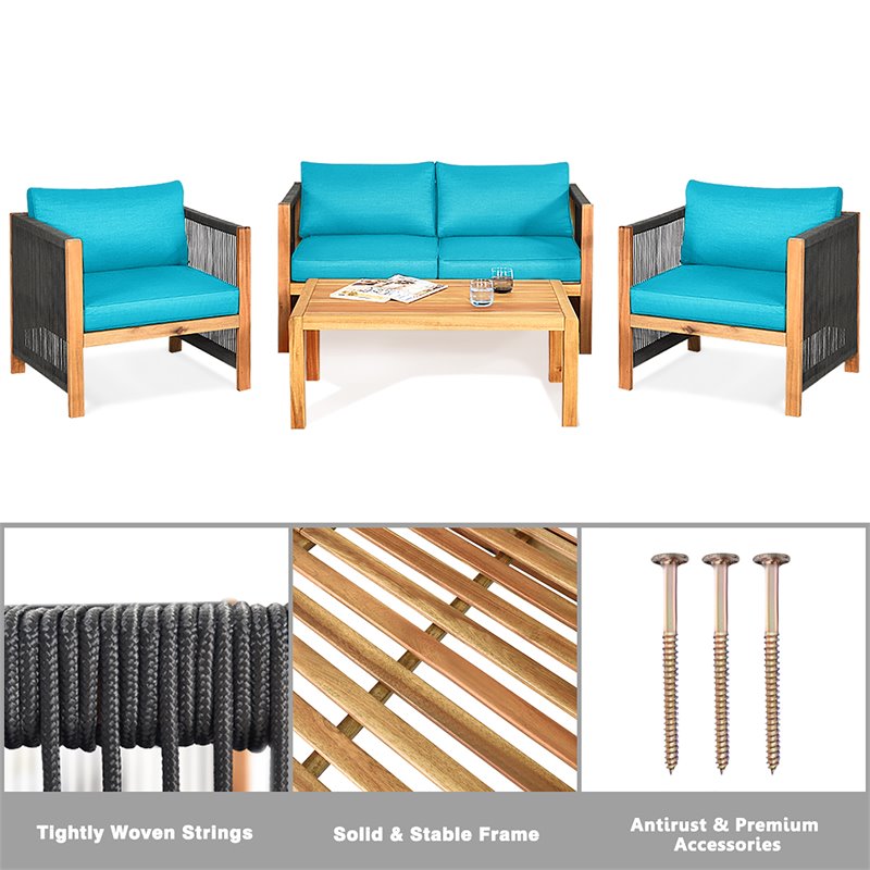 Costway 8 Pieces Wood Patio Furniture Set with Rope Armrest in Turquoise