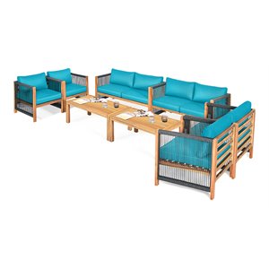 Costway 8 Pieces Wood Patio Furniture Set with Rope Armrest in Turquoise