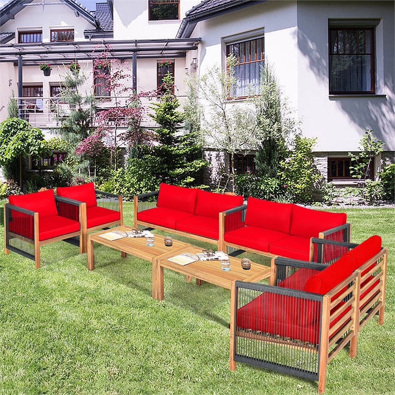 Costway 8 Pieces Wood Patio Conversation Set with Cushions for Garden in Red