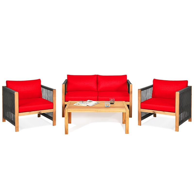 Costway 8 Pieces Wood Patio Conversation Set with Cushions for Garden in Red