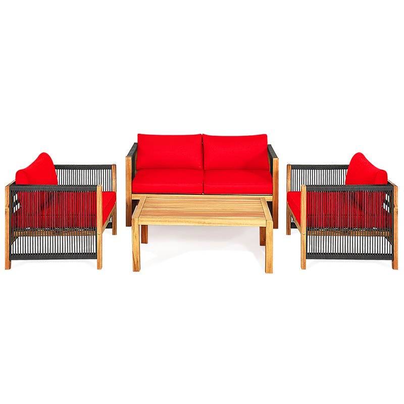 Costway 8 Pieces Wood Patio Conversation Set with Cushions for Garden in Red
