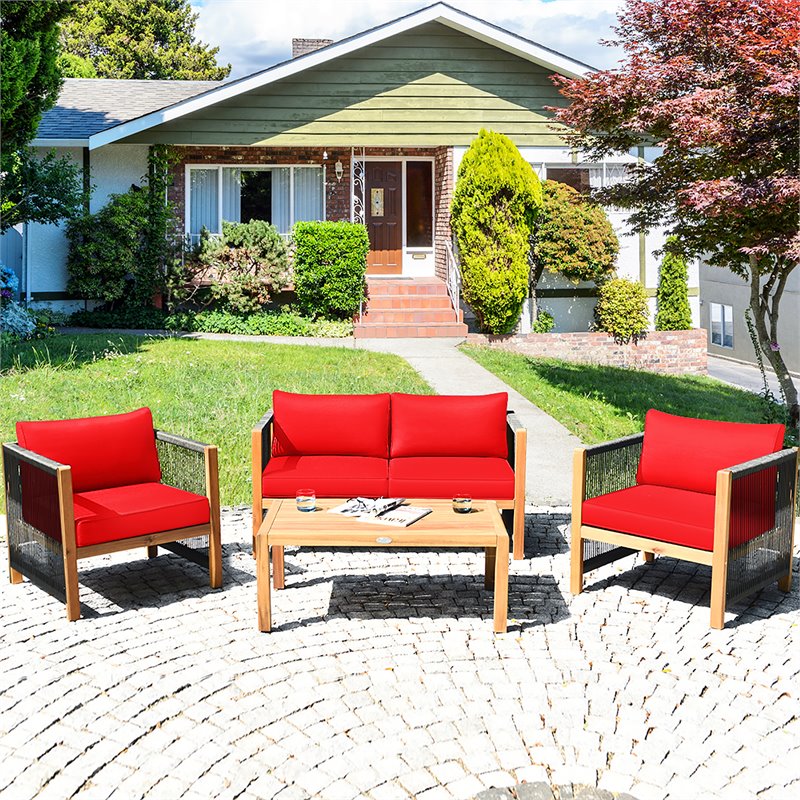 Costway 8 Pieces Wood Patio Conversation Set with Cushions for Garden in Red