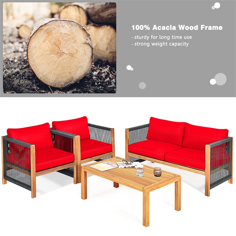 Costway 8 Pieces Wood Patio Conversation Set with Cushions for Garden in Red