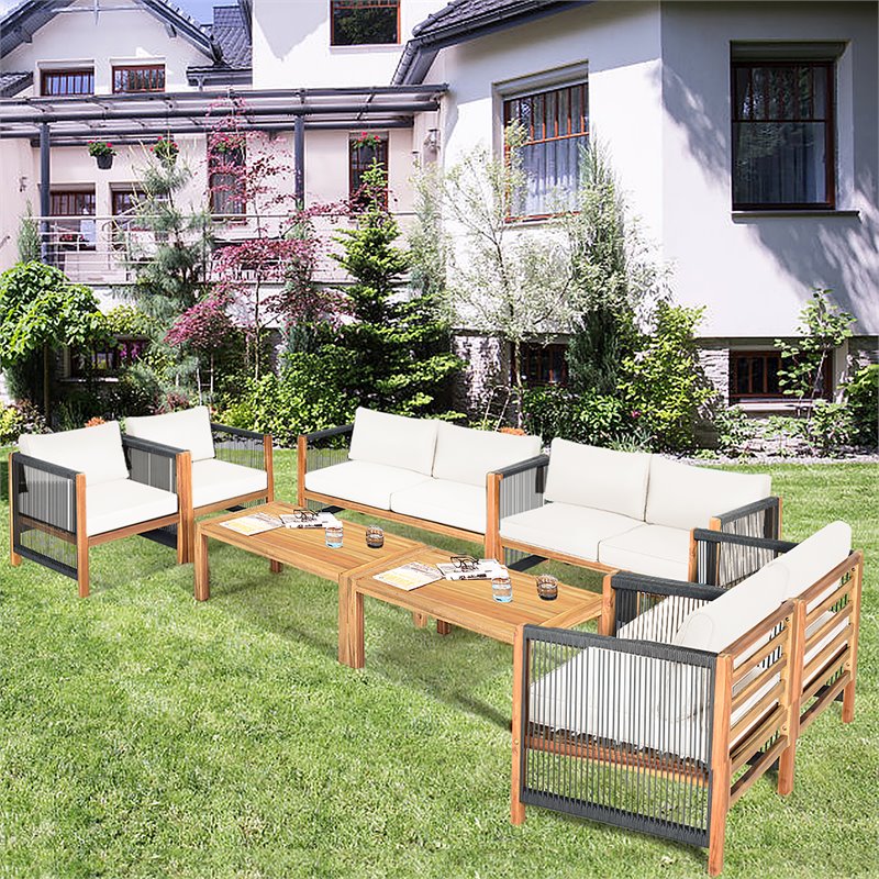 Costway 8 Pieces Wood Patio Furniture Set with Rope Armrest in White