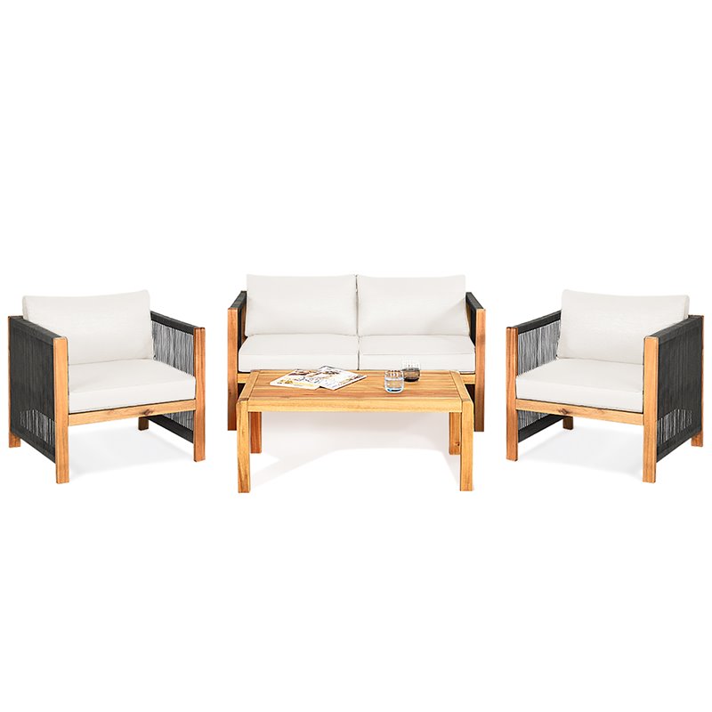 Costway 8 Pieces Wood Patio Furniture Set with Rope Armrest in White