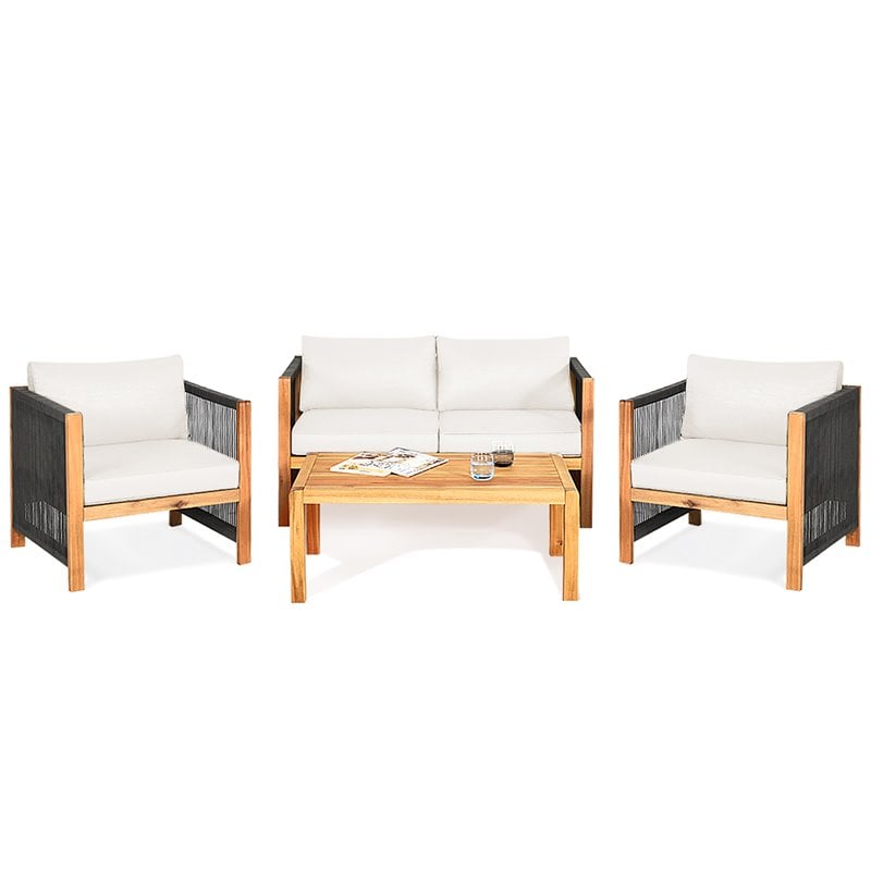 Costway 8 Pieces Wood Patio Furniture Set with Rope Armrest in White