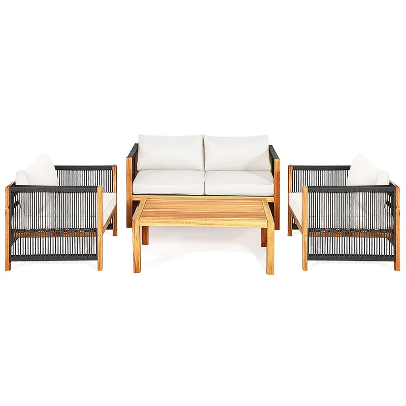 Costway 8 Pieces Wood Patio Furniture Set with Rope Armrest in White