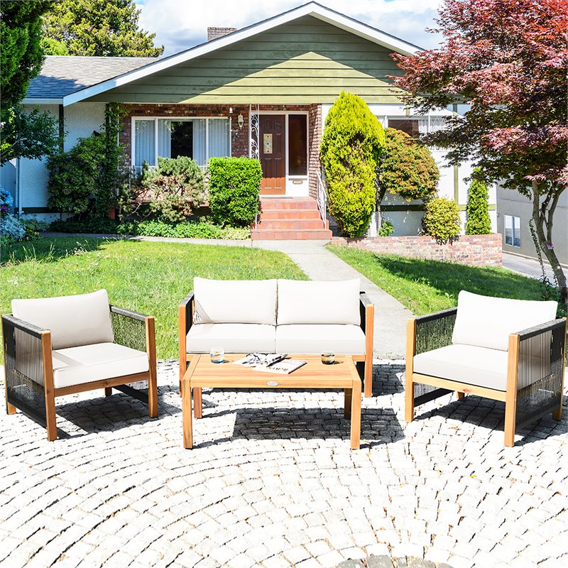 Costway 8 Pieces Wood Patio Furniture Set with Rope Armrest in White
