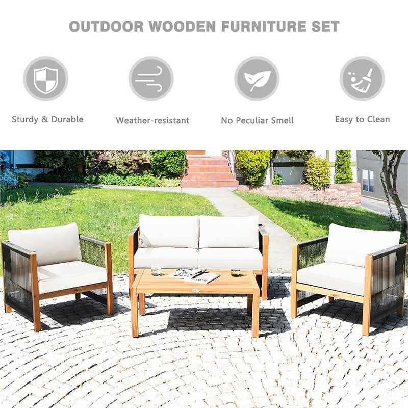 Costway 8 Pieces Wood Patio Furniture Set with Rope Armrest in White