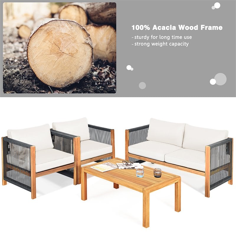 Costway 8 Pieces Wood Patio Furniture Set with Rope Armrest in White