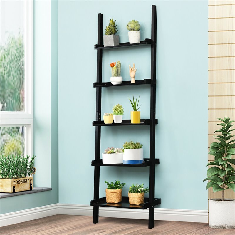 Costway 5-Tier Contemporary MDF Ladder Shelves in Black Finish