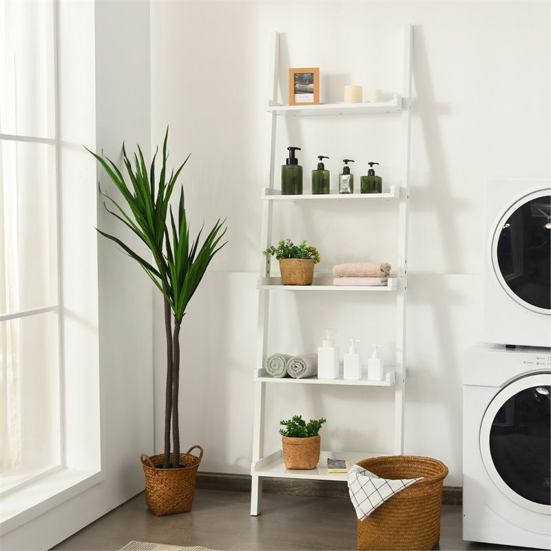 Costway 5-Tier Contemporary MDF Leaning Ladder Bookcase in White
