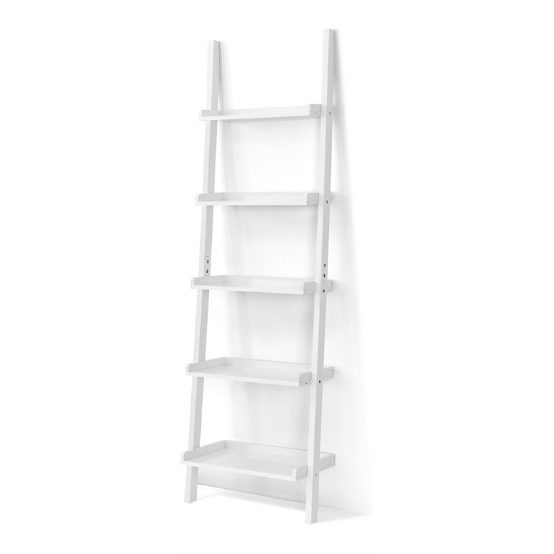 Costway 5 Tier Contemporary Mdf Leaning, 5 Tier Leaning Wall Bookcase Shelf In White