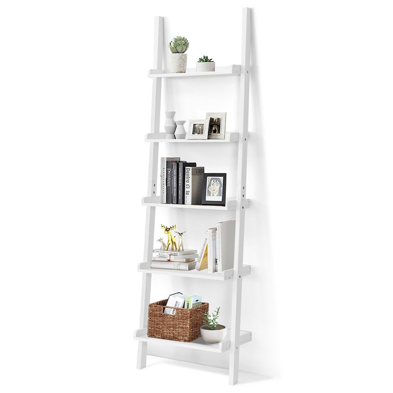 Costway 5-Tier Contemporary MDF Leaning Ladder Bookcase in White