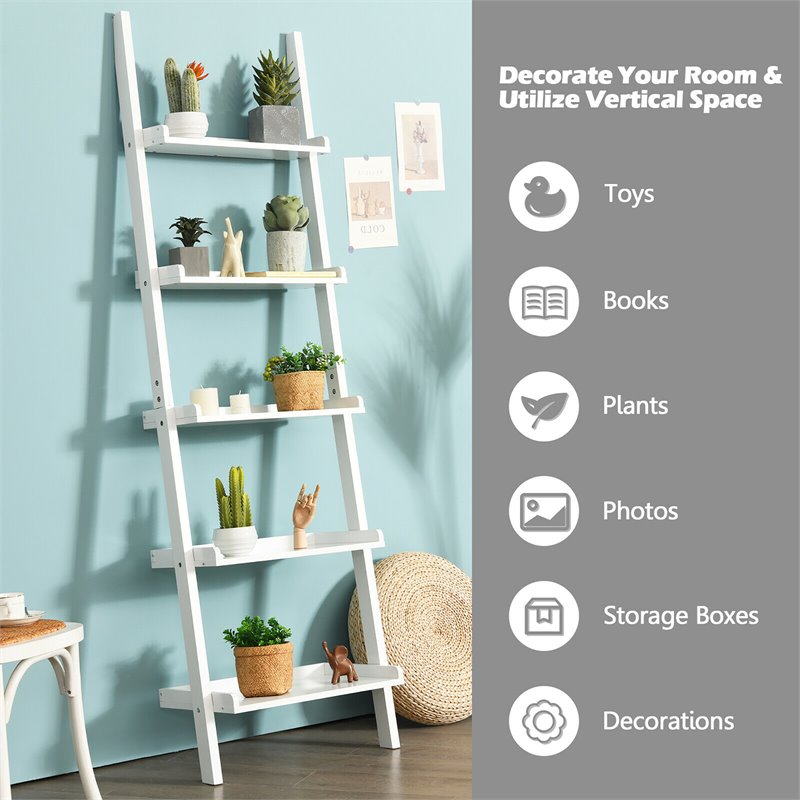 Costway 5-Tier Contemporary MDF Leaning Ladder Bookcase in White
