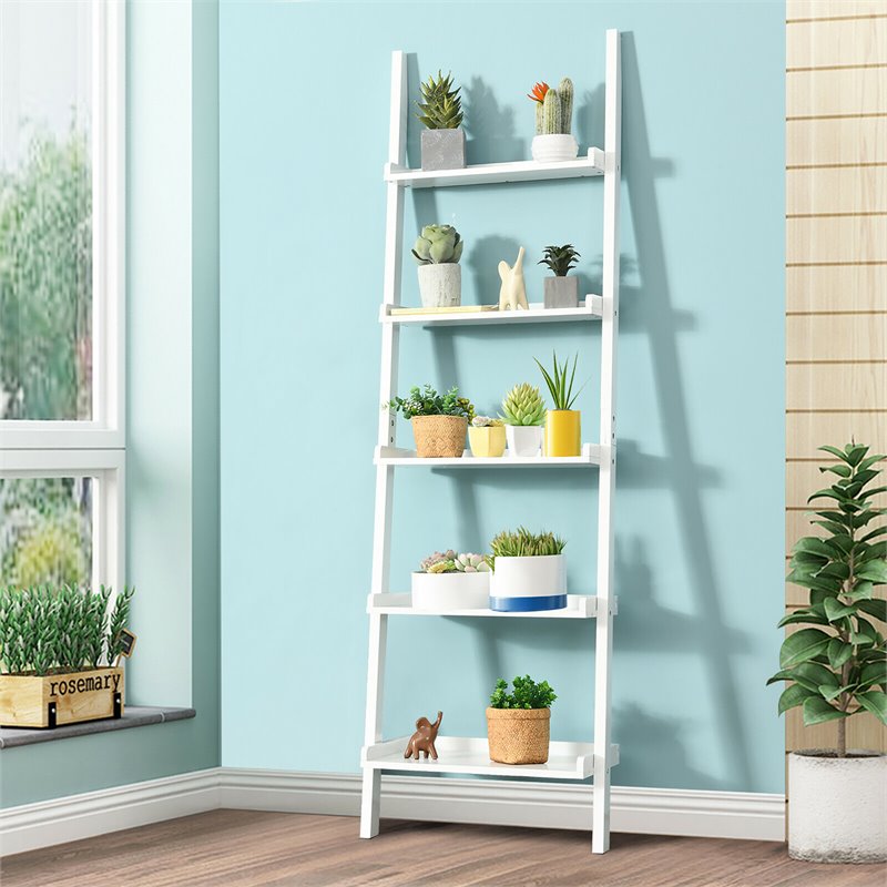 Costway 5-Tier Contemporary MDF Leaning Ladder Bookcase in White