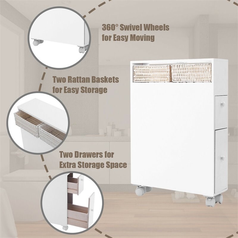 Costway Contemporary MDF Floor Cabinet with 4 Rolling Casters in White Finish