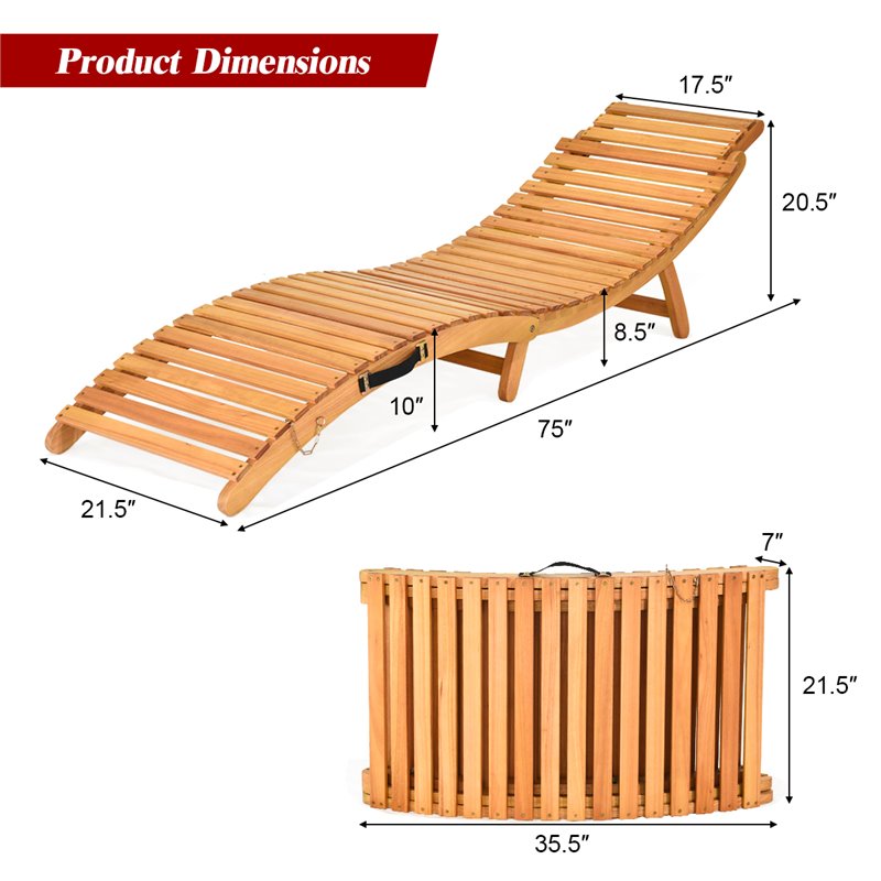 Costway 2 Pieces Wood Folding Lounge Chaise Chair with Cushion in White/Red
