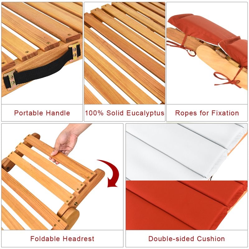 Costway 2 Pieces Wood Folding Lounge Chaise Chair with Cushion in White/Red