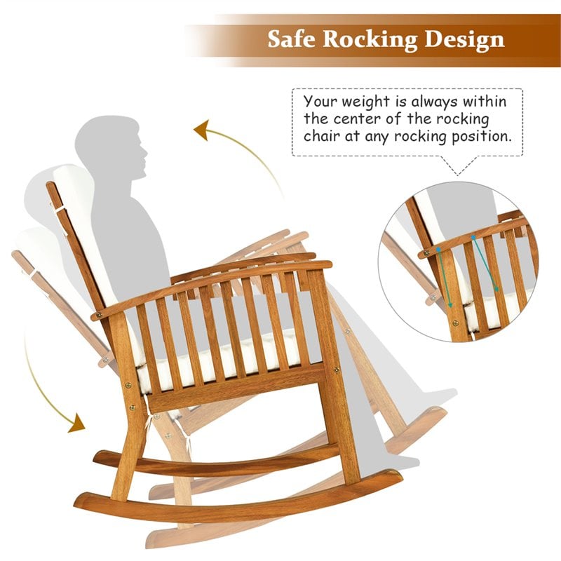 Costway 2 Pieces Acacia Wood Garden Lawn Rocking Chair with Cushion in Brown