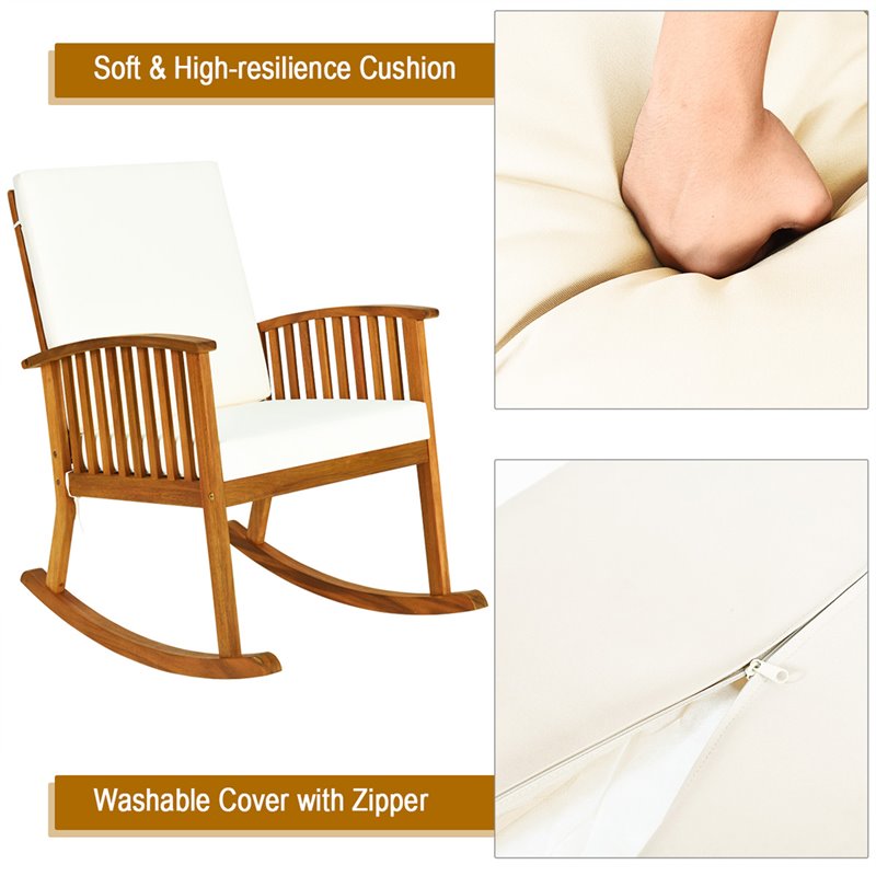 Costway 2 Pieces Acacia Wood Garden Lawn Rocking Chair with Cushion in Brown