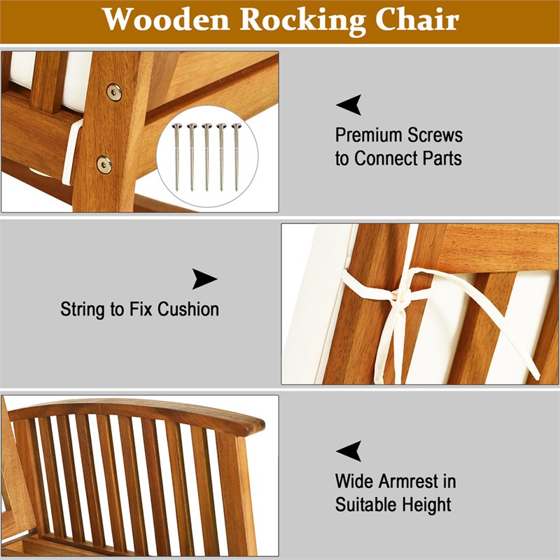 Costway 2 Pieces Acacia Wood Garden Lawn Rocking Chair with Cushion in Brown