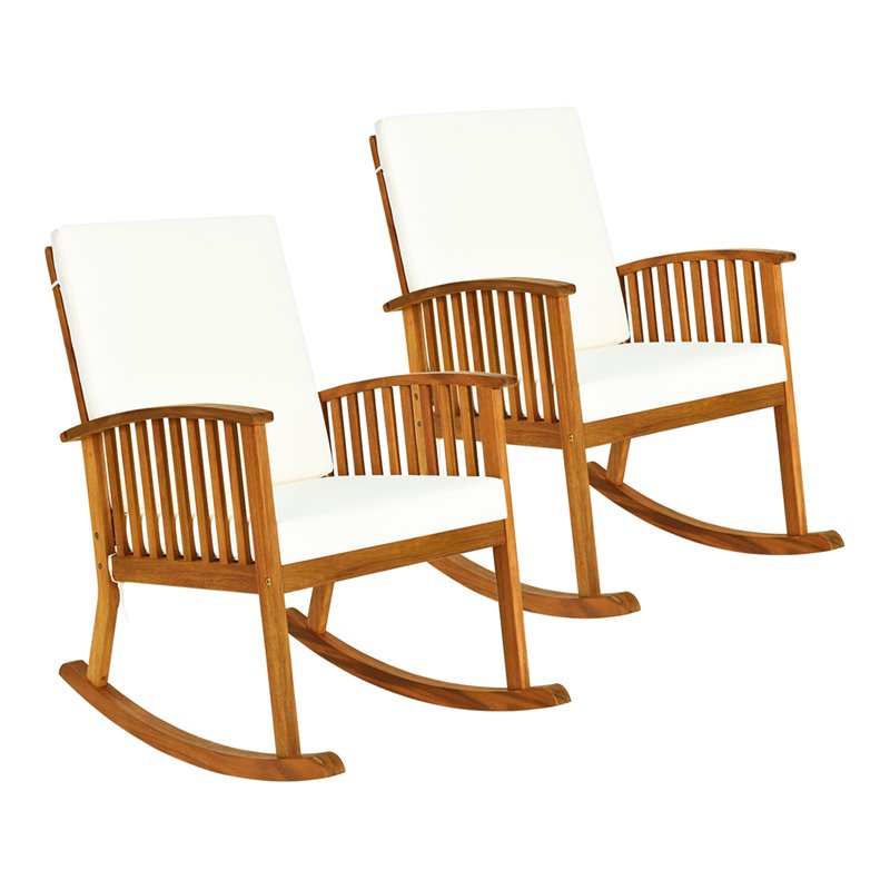 Costway 2 Pieces Acacia Wood Garden Lawn Rocking Chair with Cushion in Brown