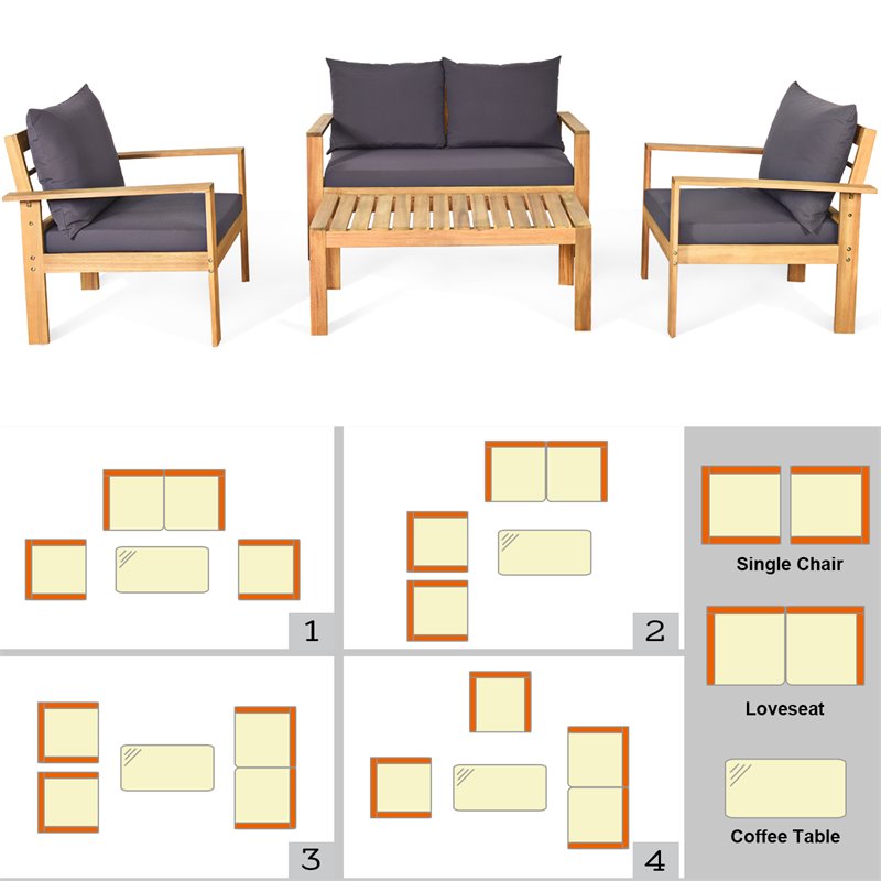 Costway 8 Pieces Acacia Wood Patio Furniture Set with Thick Cushion in Brown