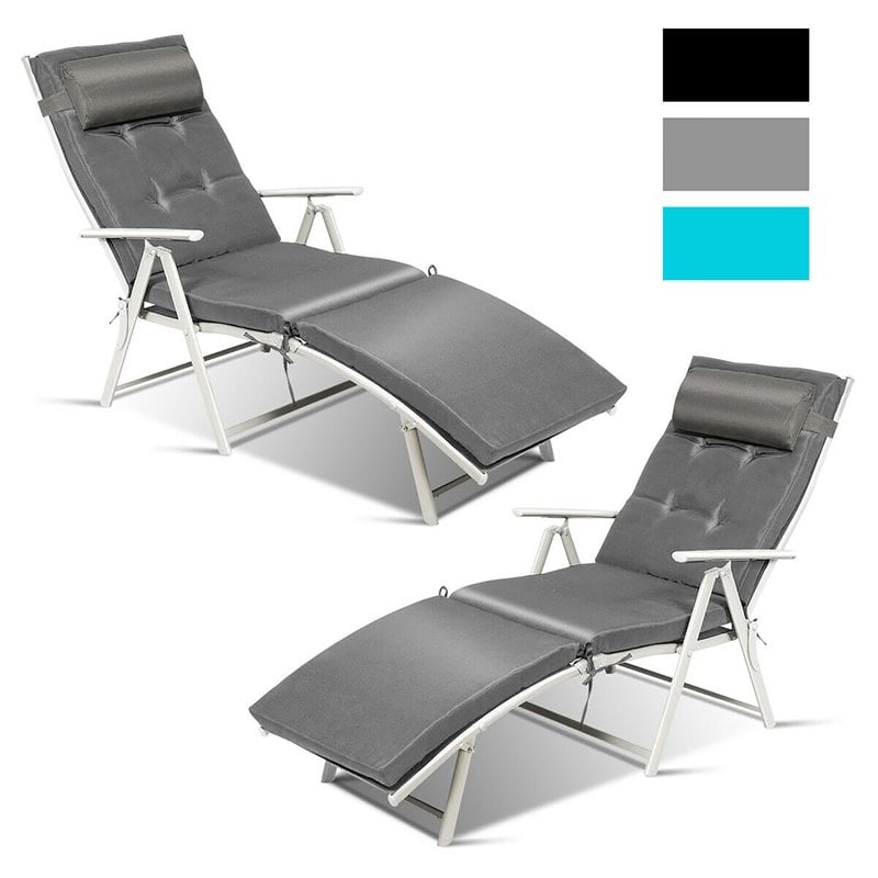 Costway 2 Pieces Outdoor Folding Chaise Lounge Chair with Cushion in Gray