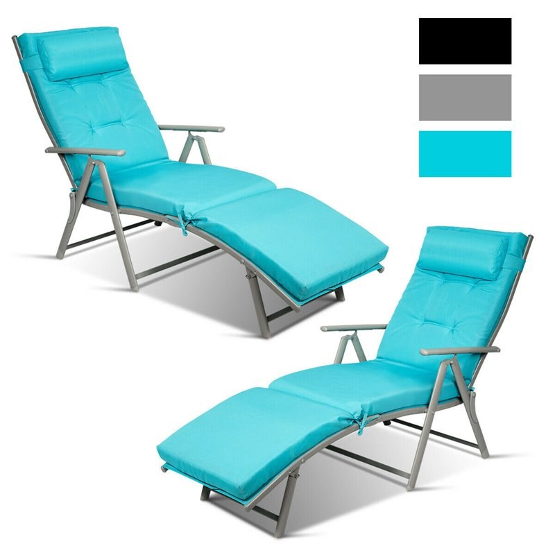 Costway 2 Pieces Outdoor Folding Chaise Lounge Chair with Cushion in Turquoise