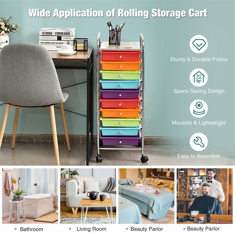Costway Metal Scrapbook Paper Rolling Storage Cart with 10 Drawer in Multi-Color