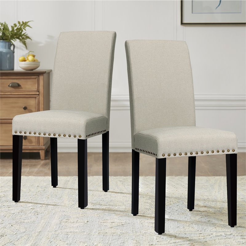 Costway Wood and Fabric Dining Chairs with Nailhead Trim in Beige (Set of 4)