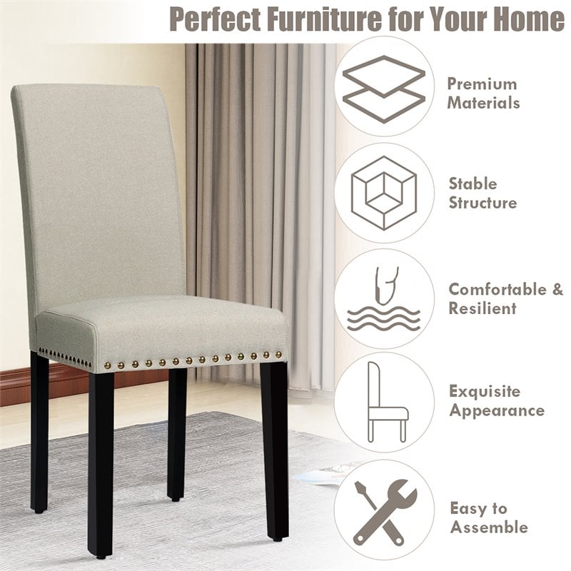 Costway Wood and Fabric Dining Chairs with Nailhead Trim in Beige (Set of 4)