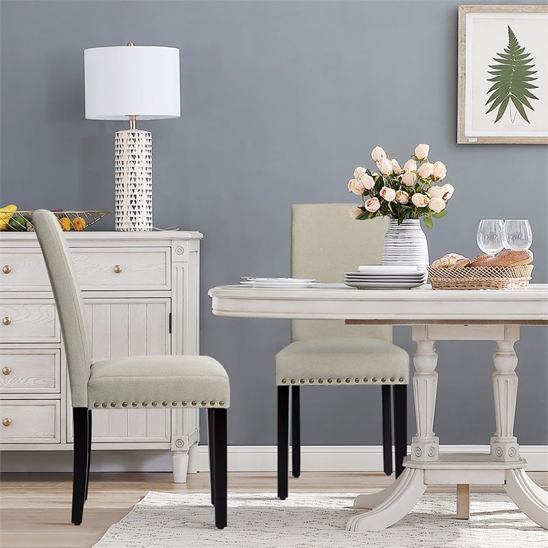 Costway Wood and Fabric Dining Chairs with Nailhead Trim in Beige (Set of 4)