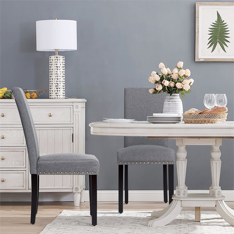 Costway Wood and Fabric Dining Chairs with Nailhead Trim in Gray (Set of 4)