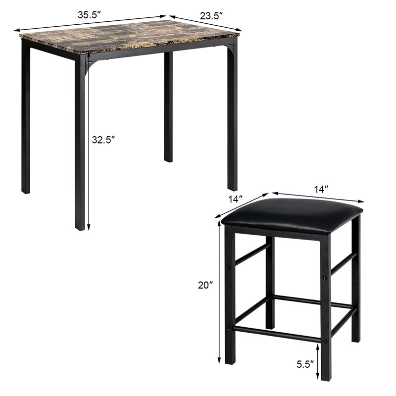 Costway 3 Pieces Wood Counter Height Dining Set with Table and 2 Stools in Brown