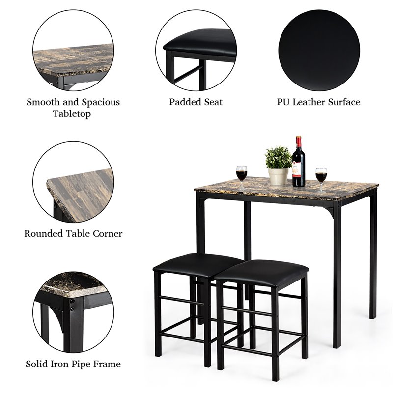 Costway 3 Pieces Wood Counter Height Dining Set with Table and 2 Stools in Brown