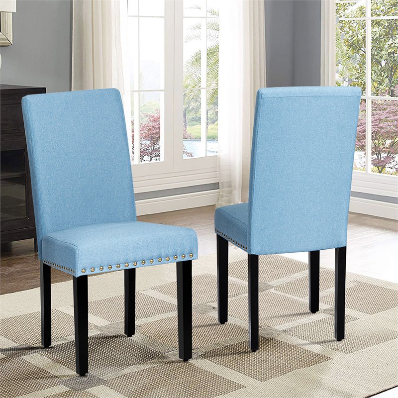 Costway Wood and Fabric Dining Chairs with Nailhead Trim in Blue (Set of 4)