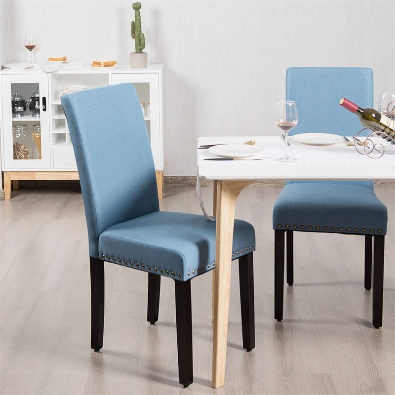 Costway Wood and Fabric Dining Chairs with Nailhead Trim in Blue (Set of 4)