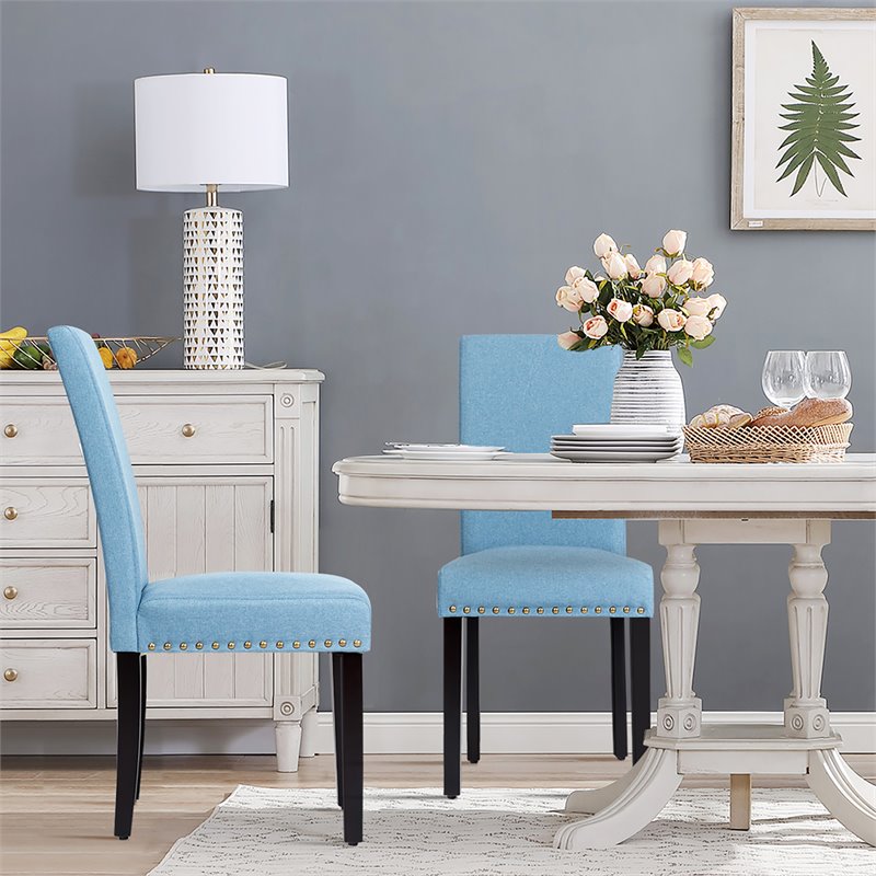 Costway Wood and Fabric Dining Chairs with Nailhead Trim in Blue (Set of 4)