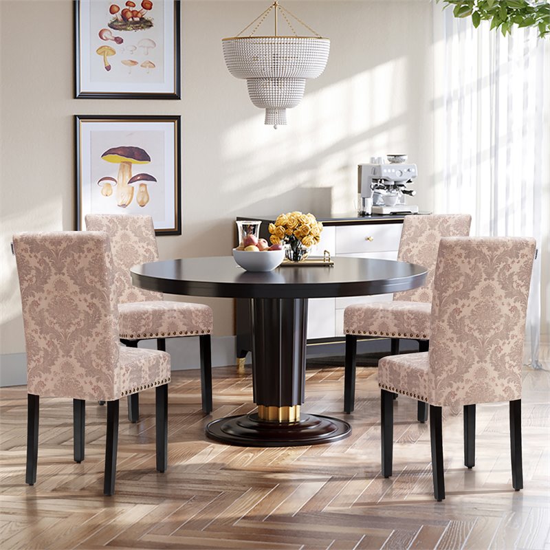 Costway Wood and Fabric Dining Chairs with Nailhead Trim in Pink (Set of 4)