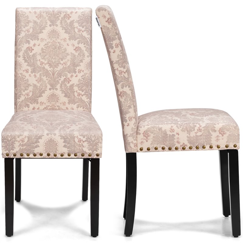 Costway Wood and Fabric Dining Chairs with Nailhead Trim in Pink (Set of 4)