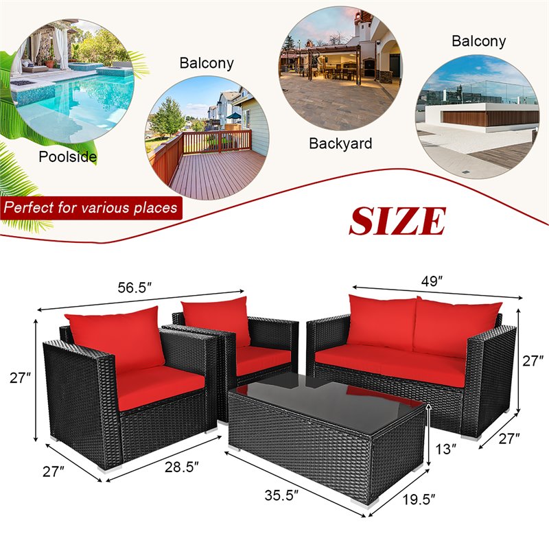 Costway 8 Pieces Rattan Patio Furniture Set with Cushion in Black/Red