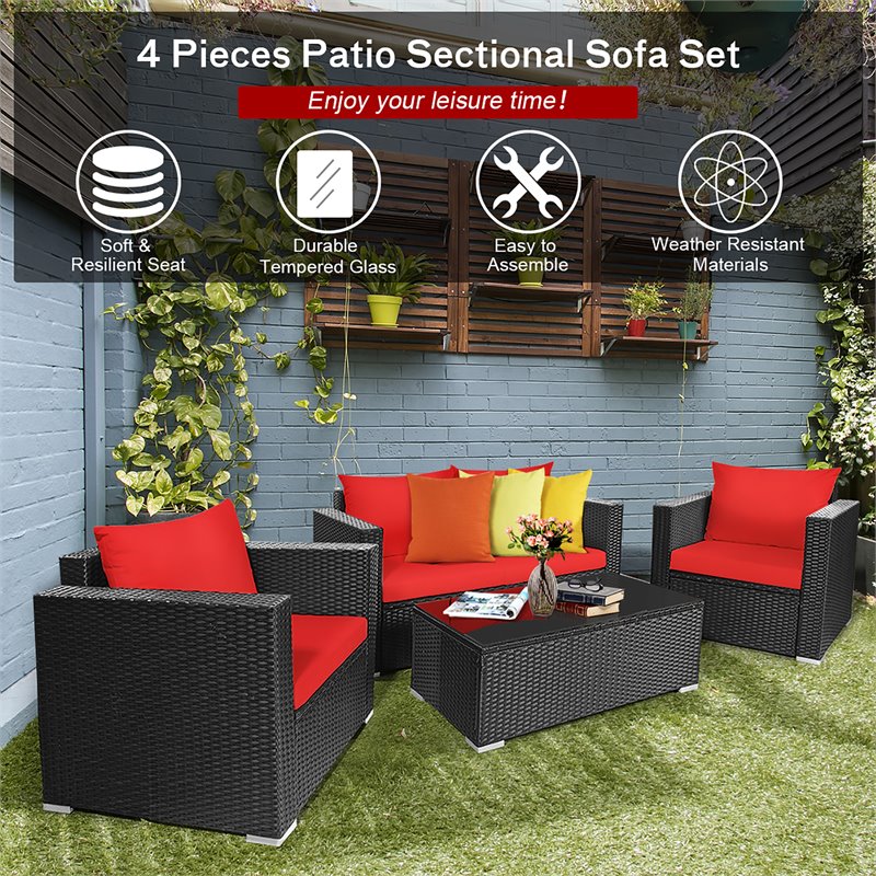 Costway 8 Pieces Rattan Patio Furniture Set with Cushion in Black/Red