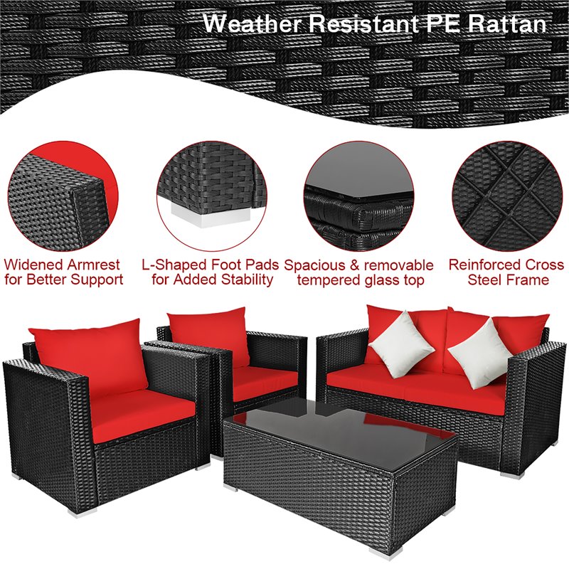 Costway 8 Pieces Rattan Patio Furniture Set with Cushion in Black/Red