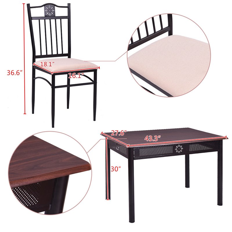 Costway 5 Pieces Wood Dining Set with Table and 4 Chairs in Brown