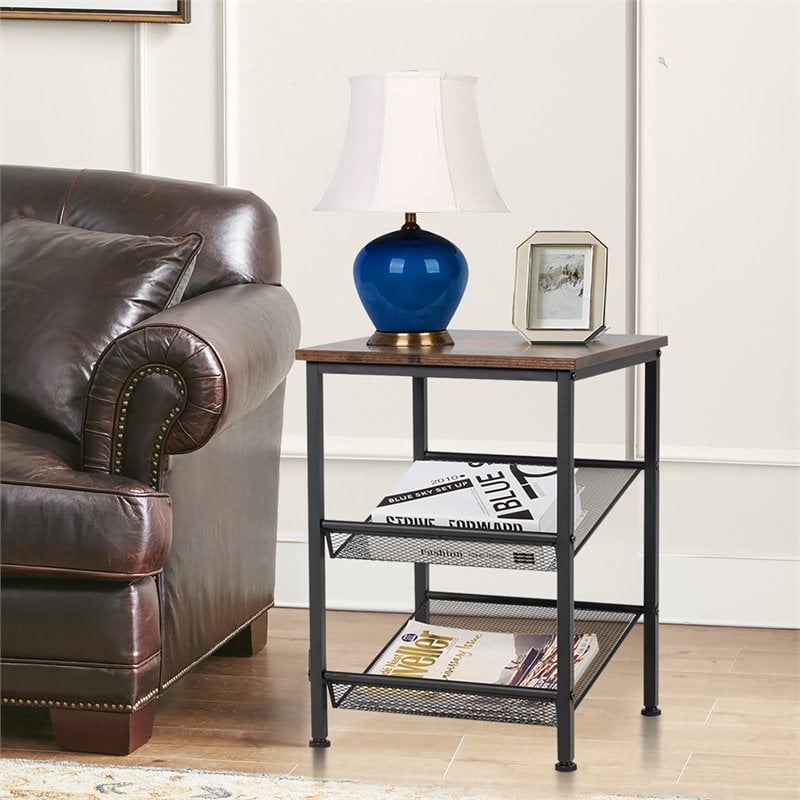 Costway Particleboard End Side Table with 2 Shelves in Brown (Set of 2)