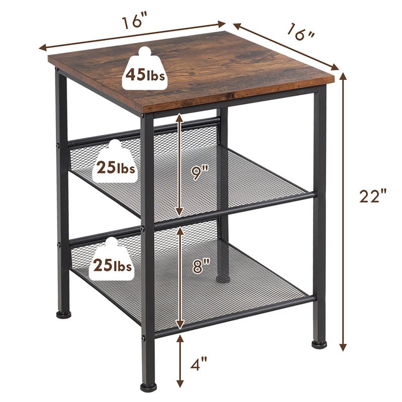 Costway Particleboard End Side Table with 2 Shelves in Brown (Set of 2)